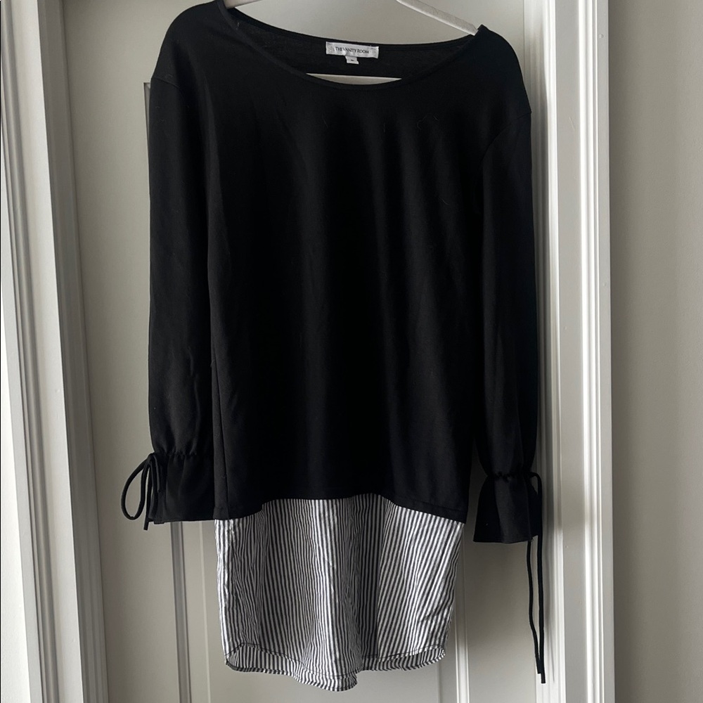 Black and White Women's Top with Striped Hem